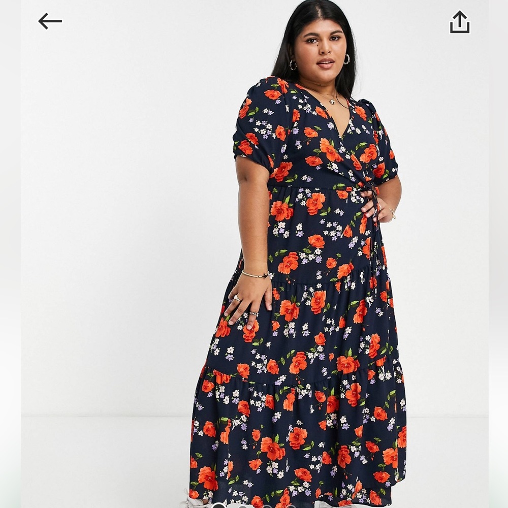 Wrap front tiered smock midi dress
